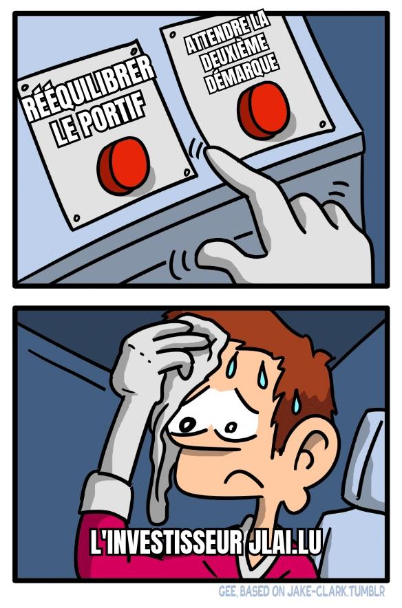 Un meme avec un mec en sueur qui h&eacute;site entre acheter et attendre