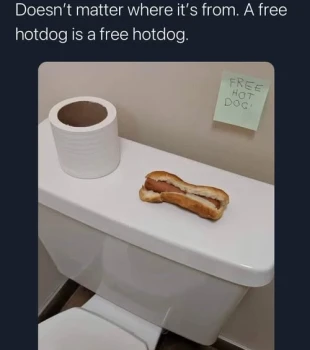 "Doesn't matter where it's from. A free hotdog is a free hotdog." Picture of a hotdog laying on top of the tank of a toilet.