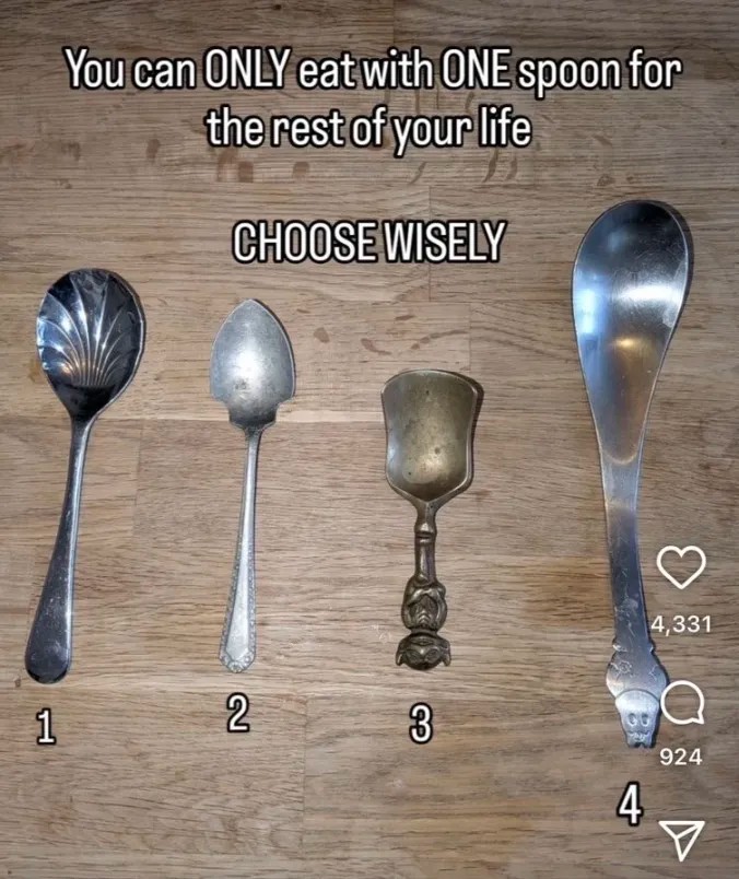 "You can ONLY eat with ONE spoon for the rest of your life. CHOOSE WISELY" Four different weird spoons