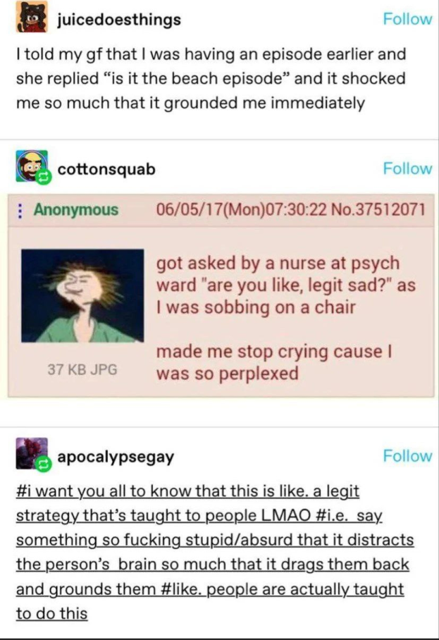 Post:&#39;I told my gf that I was having an episode earlier and she replied “is it the beach episode” and it shotcked me so much that it grounded me immediately&#39; Reply:&#39;go asked by a nurse at psych ward &quot;are you like, legit sad?&quot; as I was sobbing on a chair. made me stop crying cause I was so perplexed&#39; Reply:&#39;#i want you all to know that this is like. a legit strategy that’s taught to people LMAO #i.e. say something so fucking stupid/absurd that it distracts the person’s brain much that it drags them back and grounds them #like. people are actually taught to do this&#39;